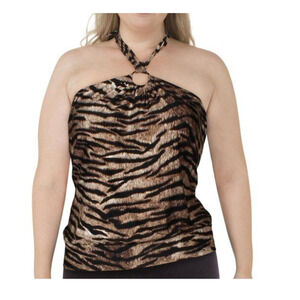 Michael Kors Tiger Brown Animal Print Blouson Halter Swimsuit Tankini Top 18W